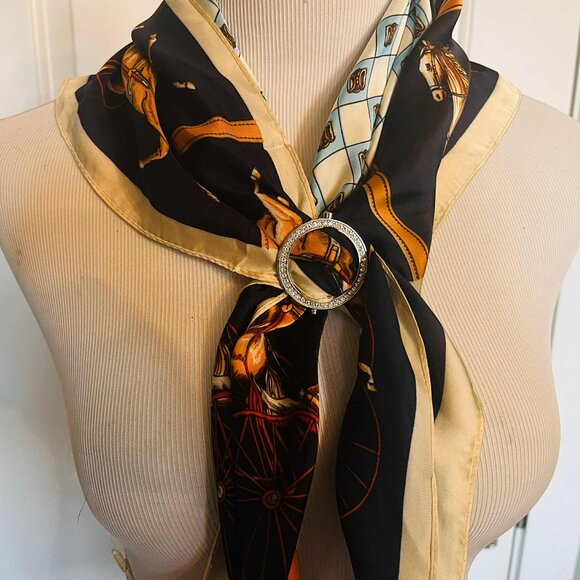 NWT Faux Silk Scarf — Equestrian Horse & Harness Print (New, Made in China) - Picture 7 of 9